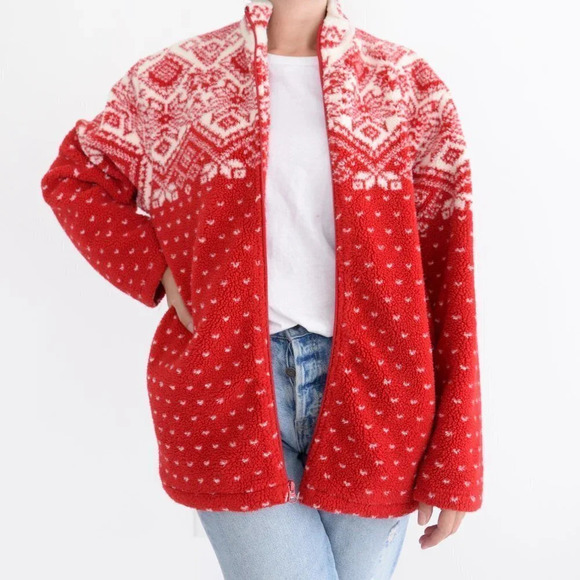 Vintage Norther Reflections Red & Cream  Winter Design Fleece Zip Up Sweater Med - Picture 1 of 13